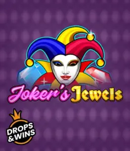 Discover the playful charm of the Joker's Jewels game by Pragmatic Play, showcasing a charming joker's mask decorated with a brightly colored jester hat. This graphic conveys the joyful spirit of casino gaming, set against a purple background. Ideal for those who love classic slot games, offering a entertaining play experience. 